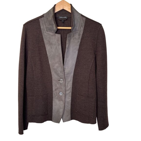Eileen Fisher Womens Wool & Lamb Leather Blazer Jacket size Med Brown Suede Trim - Picture 1 of 10